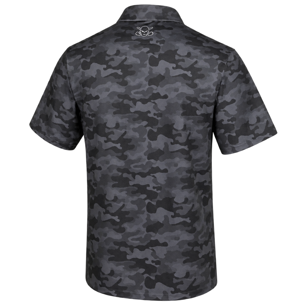 Back view of a dark grey camouflage golf polo with a small logo below the collar.