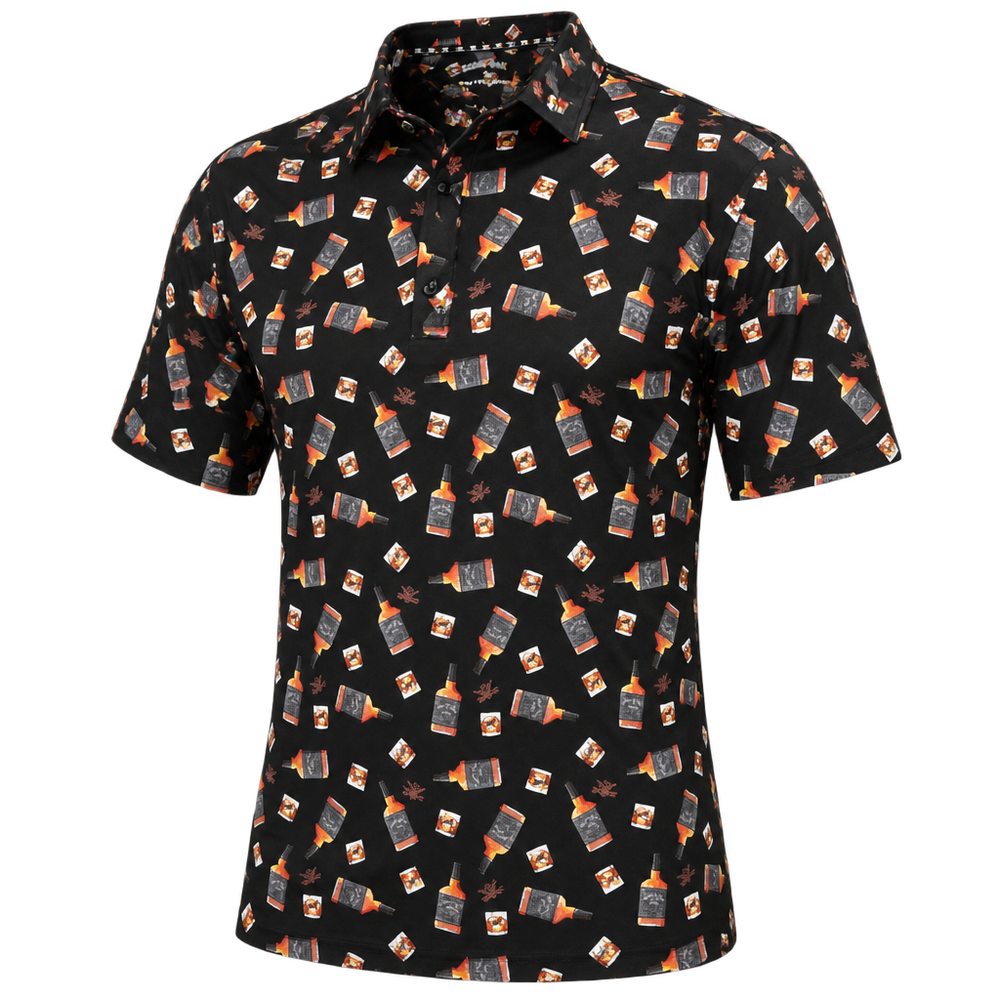 Front view of a black golf polo covered in small whiskey-glass graphics.