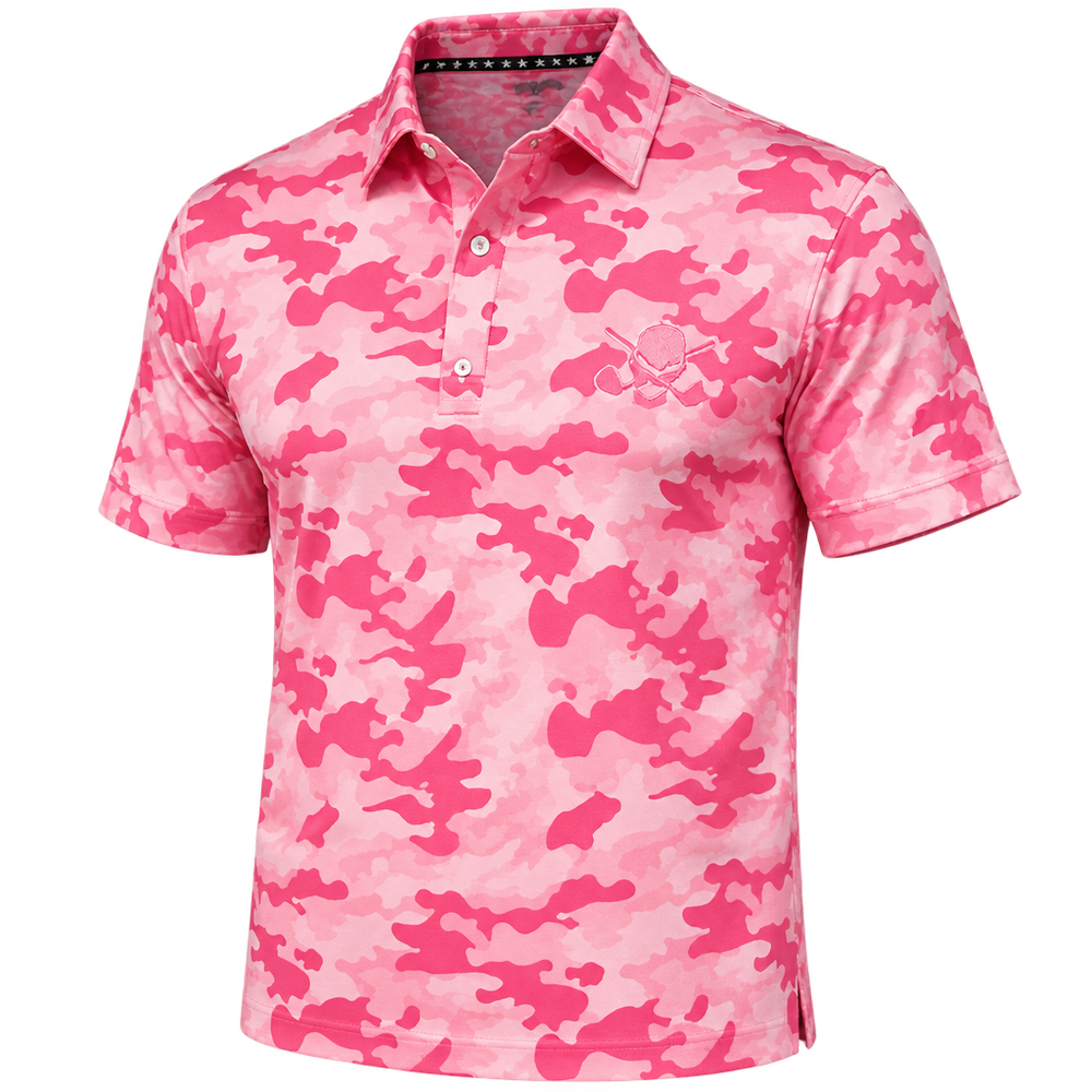 Front view of a pink camouflage polo with a small chest logo.