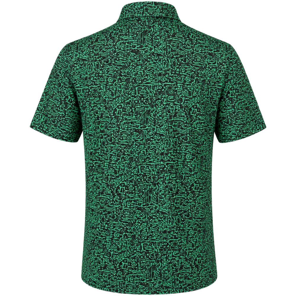 Front view of the Tattoo Golf Summertime green golf polo with all-over line-art print and skull chest logo against a dark green glow.
