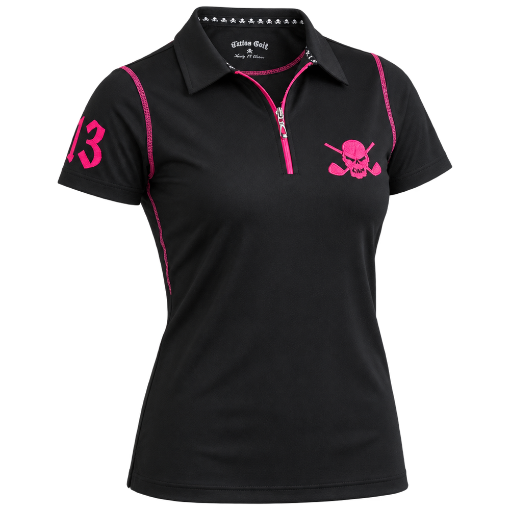 Angled view of a black women's polo with pink zipper, skull chest logo and sleeve number 13.