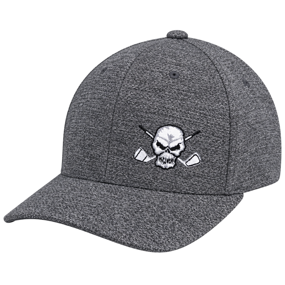 Closer front view of a heather-grey skull-logo cap.