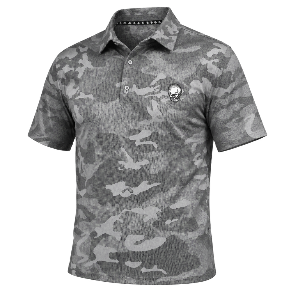 Grey camouflage polo showing a skull chest logo and patterned inner collar trim.