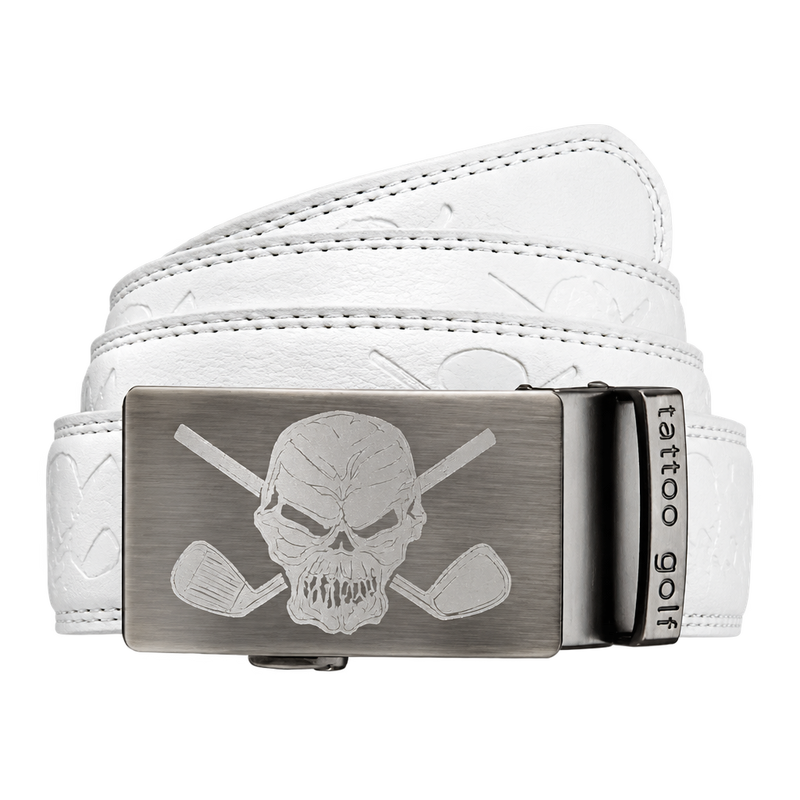 Closer view of a white skull-patterned belt and silver buckle.