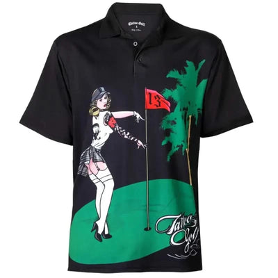 Pin High Performance Men's Golf Shirt - Black featuring a unique graphic design with a playful pin up girl and palm trees.