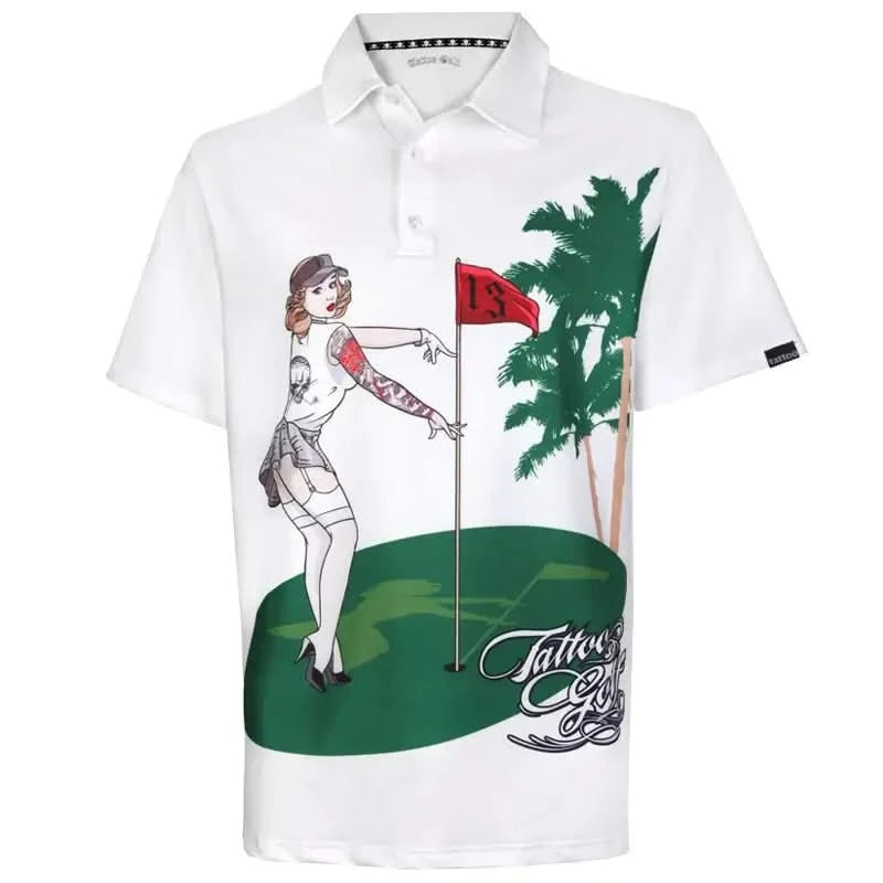 Tattoo Golf Pin High men's polo in white, shown from the front with a tattooed pin-up golfer and palm trees.