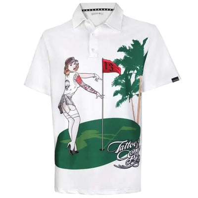 Tattoo Golf Pin High men's polo in white, shown from the front with the pin-up golfer, putting green and red flag.
