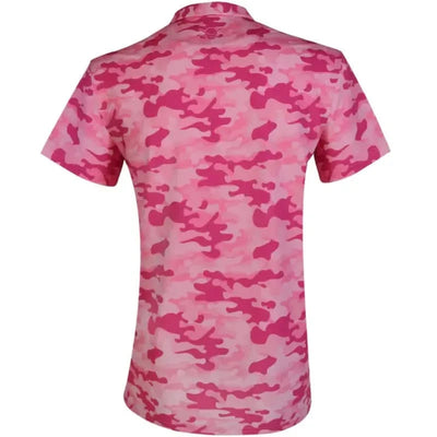 Tattoo Golf Camo women's polo in pink, shown from the back with its pink camouflage pattern.