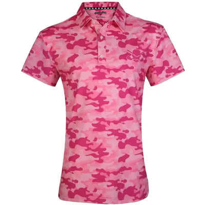 Tattoo Golf Camo women's polo in pink, showing the pink camouflage pattern in a product view.