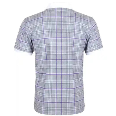 Tattoo Golf HT Plaid men's polo in purple and grey, shown from the back with its purple plaid pattern and skull design.
