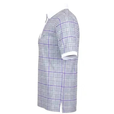 Tattoo Golf HT Plaid men's polo in purple and grey, shown from the side with its purple plaid pattern and skull design.