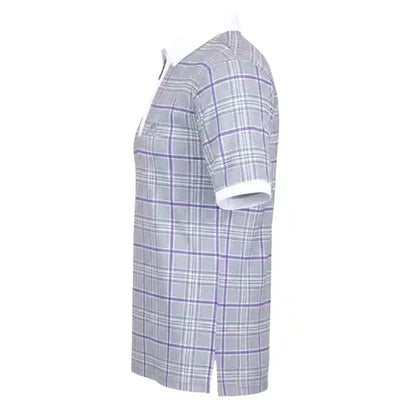 Plaid patterned purple golf polo shirt with skull design