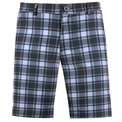 Men's golf shorts with a traditional grey plaid pattern and an embroidered skull detail. Features include a button closure on one pocket.