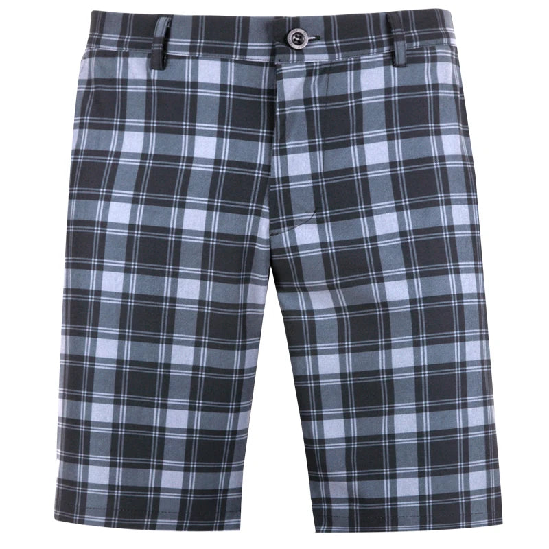 Men's golf shorts with a traditional grey plaid pattern and an embroidered skull detail. Features include a button closure on one pocket.