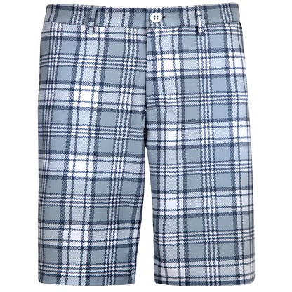Men's grey plaid golf shorts with a button closure at the top and an embroidered skull detail.
