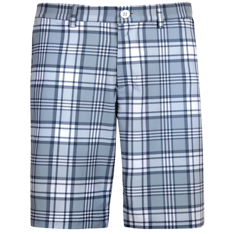 Men's grey plaid golf shorts with a button closure at the top and an embroidered skull detail.