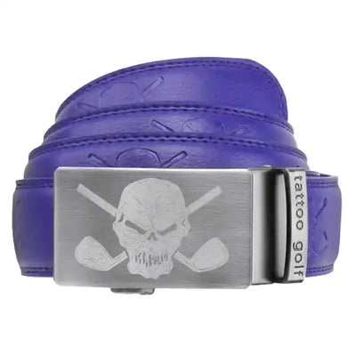 Purple premium leather golf belt with a silver skull and golf club buckle