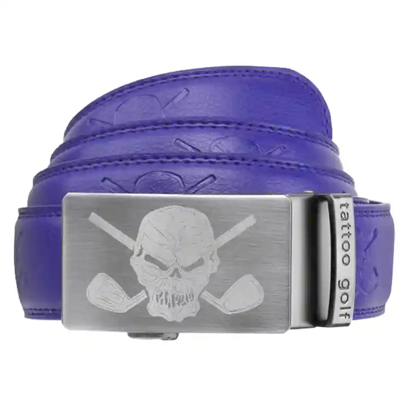 Purple golf belt with a silver skull and golf club buckle