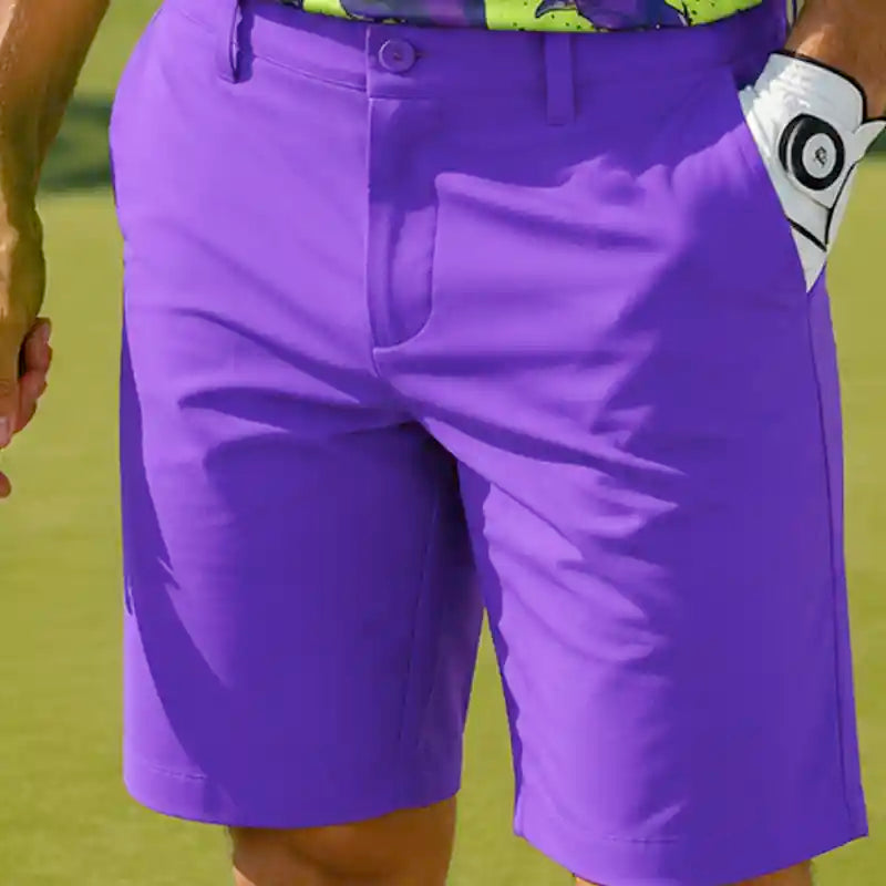 men's purple golf shorts worn by a person on a golf course