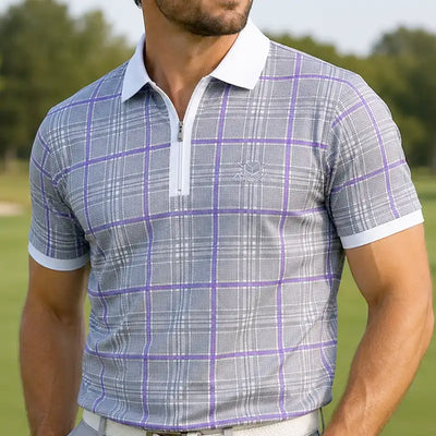golfer wearing a plaid polo shirt on a golf course