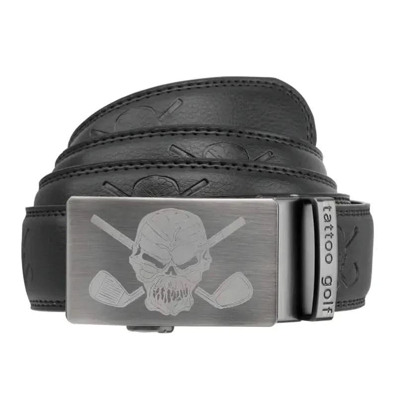 Leather Ratchet Golf Belt — No-Hole Click w/ Skull Buckle