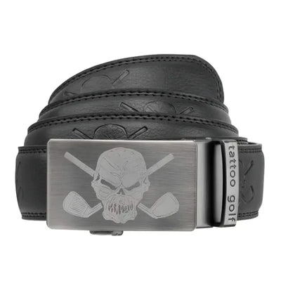 A black leather ratchet golf belt with a brushed nickel buckle featuring a skull and crossing clubs design.