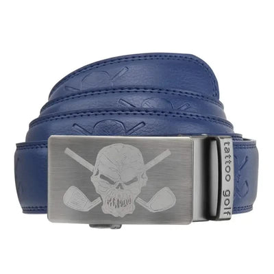 A blue leather golf belt with a brushed nickel buckle featuring a skull and crossing clubs design.