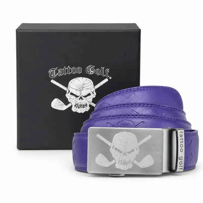 Purple ratchet golf belt with black box great for golf gifts