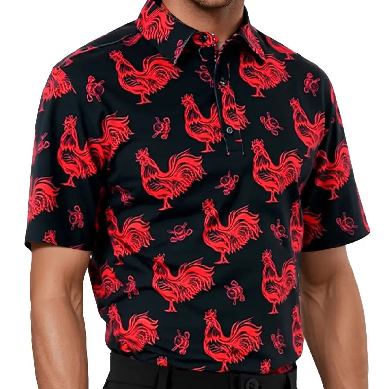 Black shirt with red rooster pattern worn by a person