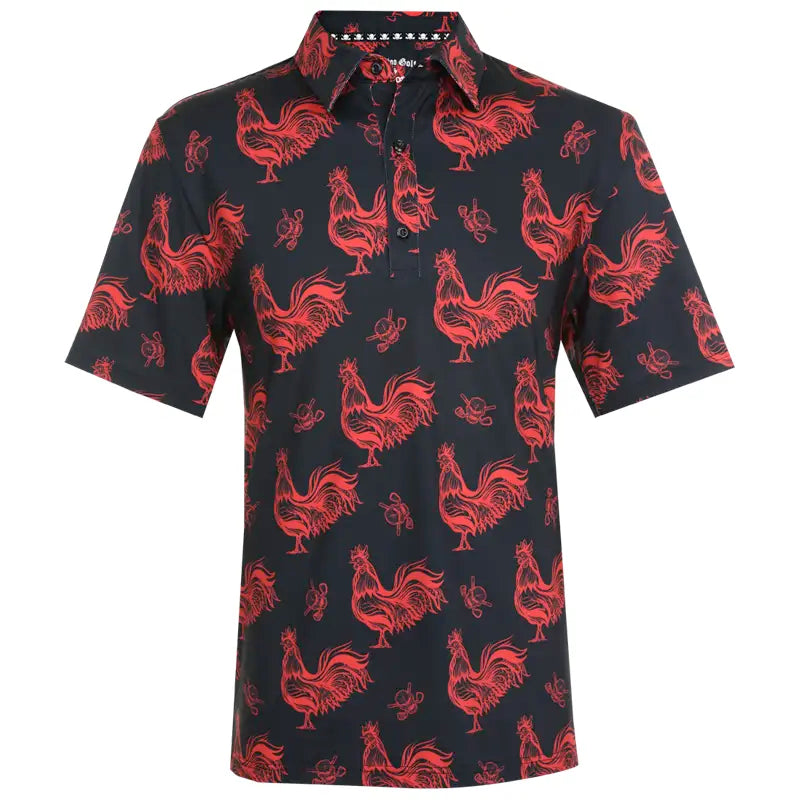 Black golf shirt with red rooster pattern 