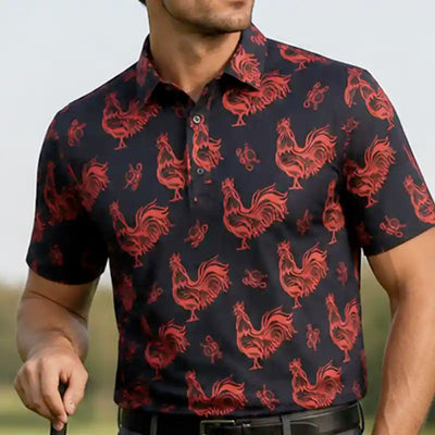 Tattoo Golf Red Rooster men's polo in black and red, worn outdoors with the red rooster pattern visible.