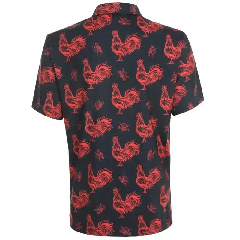Black polo shirt with red rooster pattern 