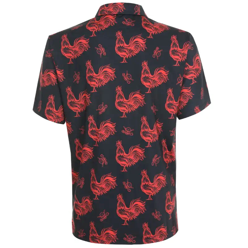 Black polo shirt with red rooster pattern 
