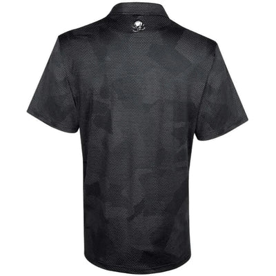 Tattoo Golf Rogue men's golf polo in black, shown from the back in a product view.