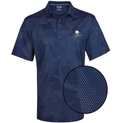 A navy blue men's golf shirt with embroidered logo on the front and back, featuring a three-button placket and short sleeves.
