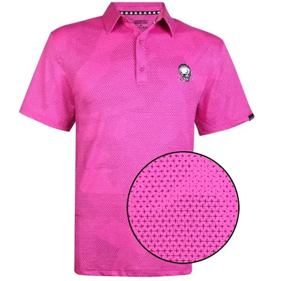 A pink men's golf shirt with an embroidered logo on the front and back, featuring a three-button placket and a pointelle fabric texture.