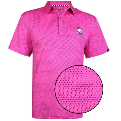 A pink men's golf shirt with an embroidered logo on the front and back, featuring a three-button placket and a pointelle fabric texture.