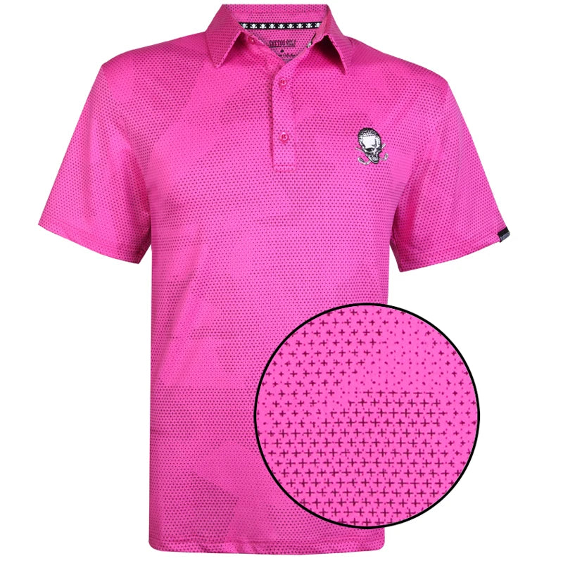 A pink men's golf shirt with an embroidered logo on the front and back, featuring a three-button placket and a pointelle fabric texture.