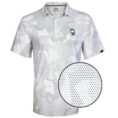 A white men's golf shirt with a camouflage pattern and an embroidered logo on the front and back, displayed on a flat surface.