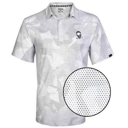 A white men's golf shirt with a camouflage pattern and an embroidered logo on the front and back, displayed on a flat surface.
