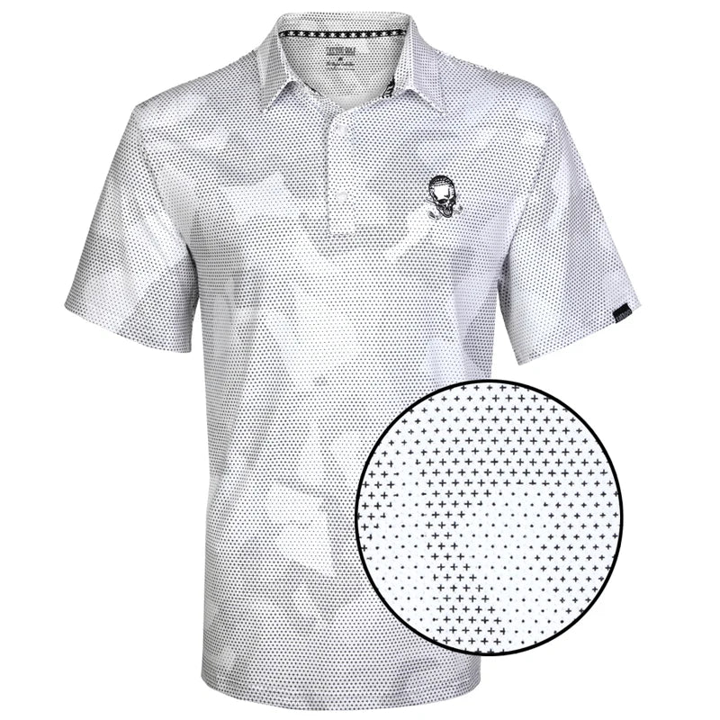 A white men's golf shirt with a camouflage pattern and an embroidered logo on the front and back, displayed on a flat surface.