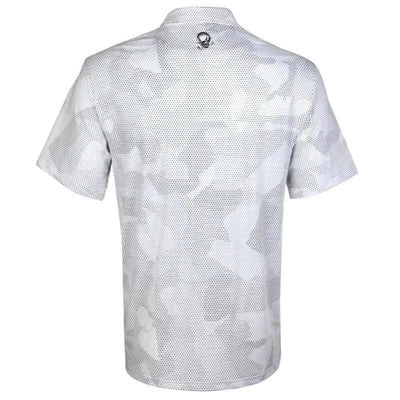 Tattoo Golf Rogue men's polo in white, shown from the back with its white camo pattern.