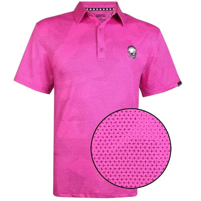 Pink polo shirt with a close-up of the pattern 