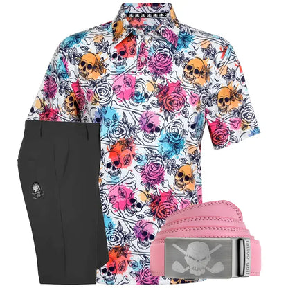 Colorful skull and rose pattern shirt with black shorts and premium leather pink belt with skull buckle 