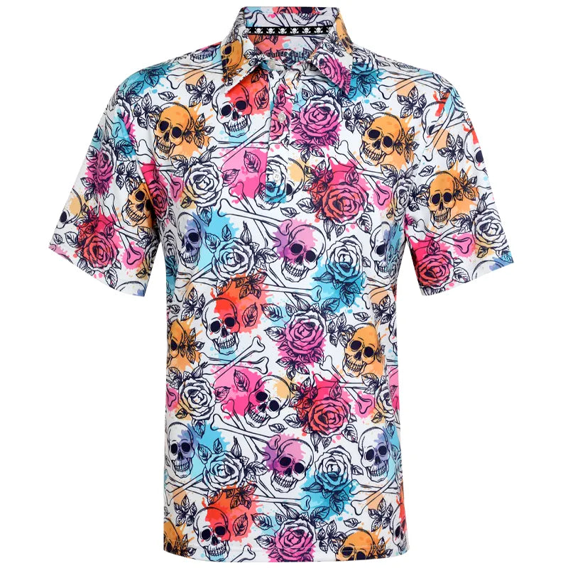 Colorful skull and roses design on a men's golf shirt