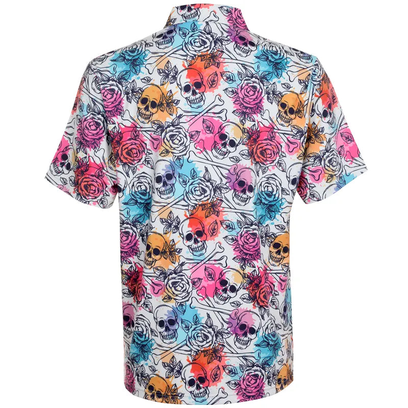 Colorful shirt with skull and rose design on this wild men's golf shirt