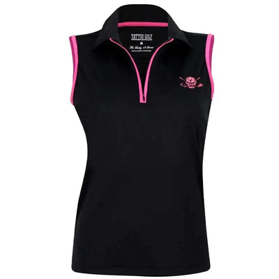 Tattoo Golf women's Cool-Stretch sleeveless polo in black and pink, shown from the front with pink trim and a zipper placket.