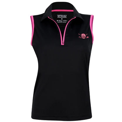 A black sleeveless women's golf shirt with pink trim and a skull design on the front.