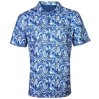 A blue and white geometric patterned men's golf shirt with a three-button placket and short sleeves.