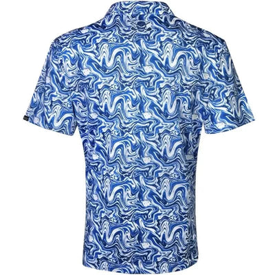 Stryker Cool-Stretch Men's Golf Shirt in Blue, featuring a vibrant marble pattern on the back for stylish golf performance.